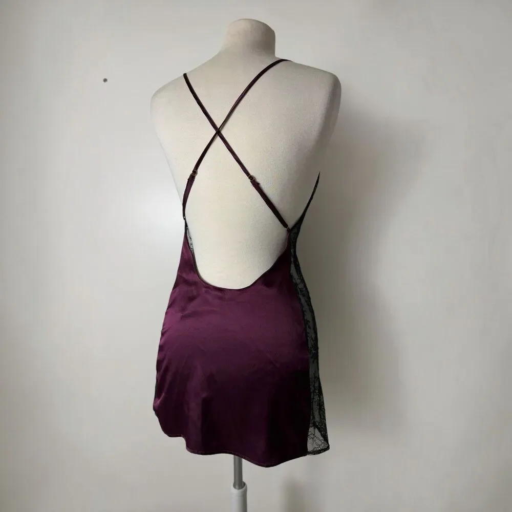 Victoria's Secret Burgundy Satin Lace Slip Dress Open Back Y2K Coquette Small
